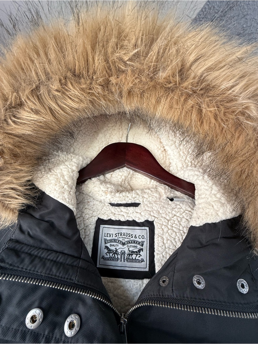 Levi's Black Parka with Faux-Fur Trim Hood